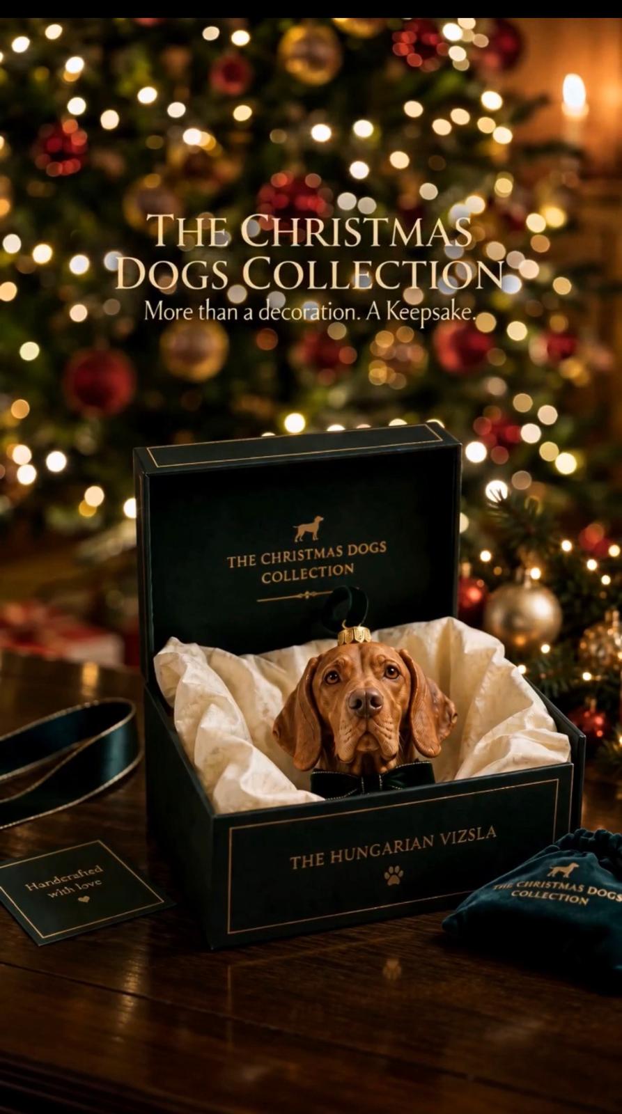 A Christmas concept image of a Hungarian Vizsla ornament presented in a dark green gift box beside a glowing tree